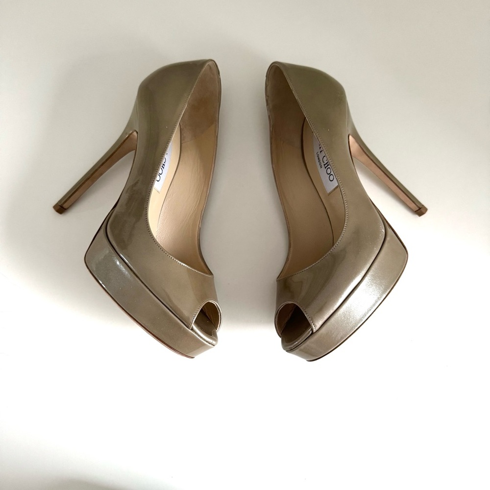 Jimmy Choo Crown Beige Khaki Patent Leather Peep Toe Platform Heels size 5.5 - Picture 5 of 16